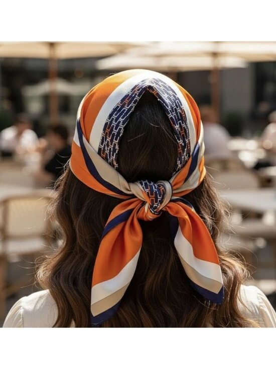 ❤️Elegant Luxury Bandana Square Scarf Silky Satin Soft ORANGE BLUE Geometric New - Picture 3 of 9